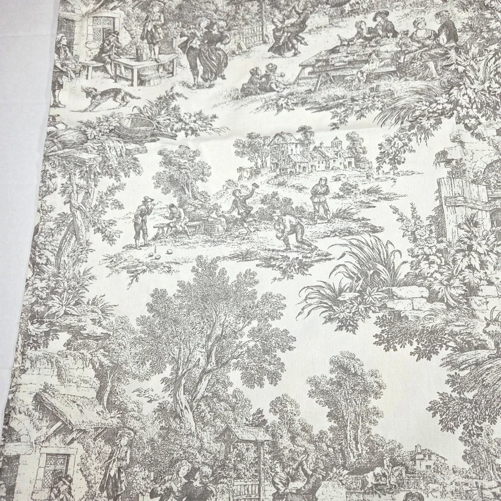 Vintage French Country Toile Curtains Set 2 Cotton Pastoral Scene Cream Grey